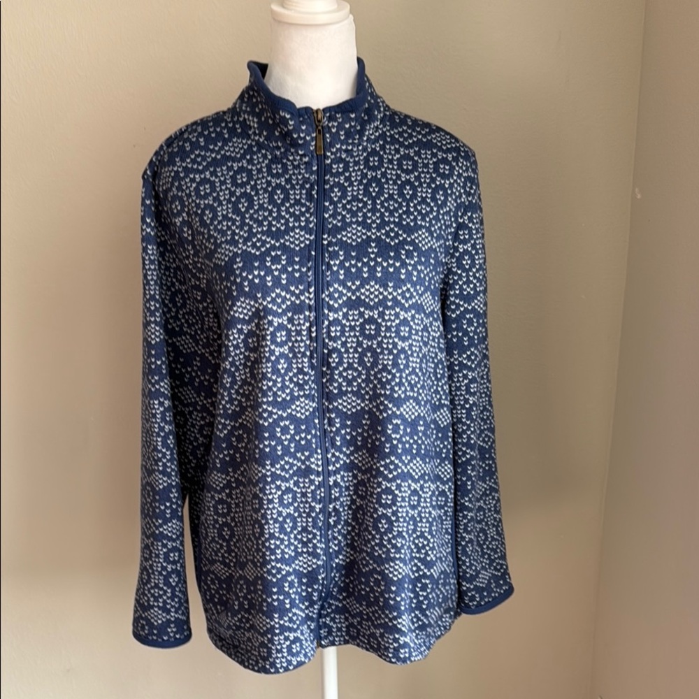 Stan Herman women’s denim blue & white zip front cardigan